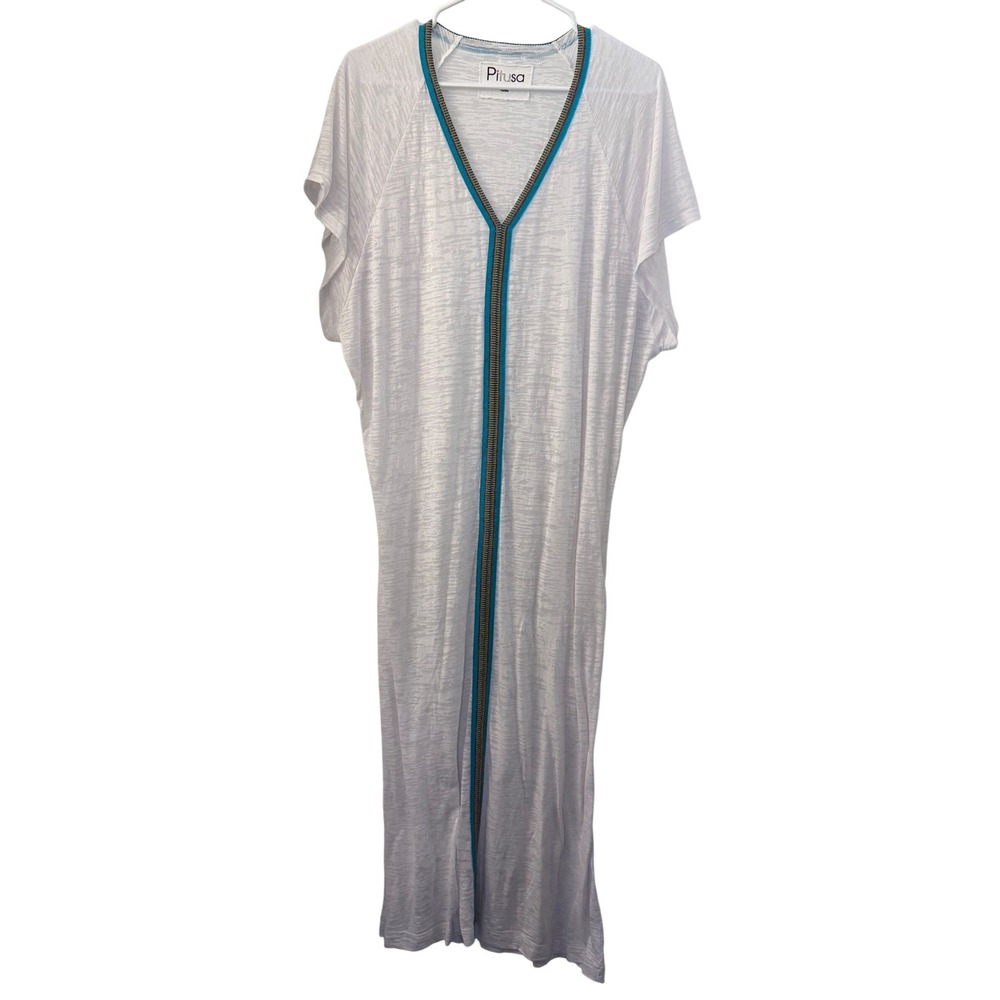 Pitusa‎ White V-Neck Maxi Dress Cover Up Turquoise Gold Trim Petite Peru Cotton
